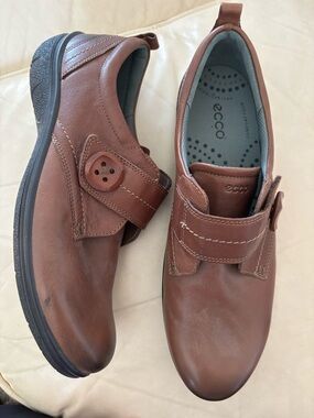 Ecco Shoe Brown Leather Low Heel Orthopedic Walking Loafers Shoes Womens Size 43